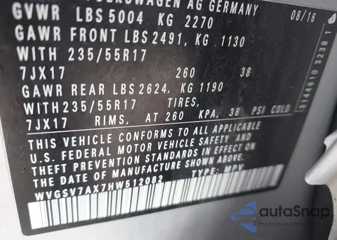 2017 Volkswagen Tiguan 2.0T Wolfsburg Edition z USA, uszkodzony, nr VIN WVGSV7AX7HW512082